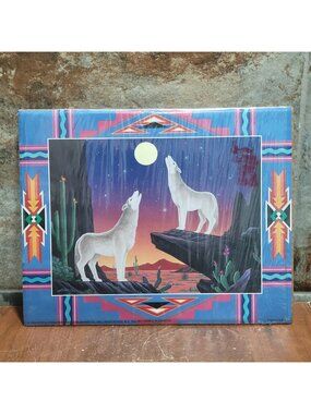 Vintage Unframed Wolf Dreams Art Print 1994 Southwestern Geometric Border